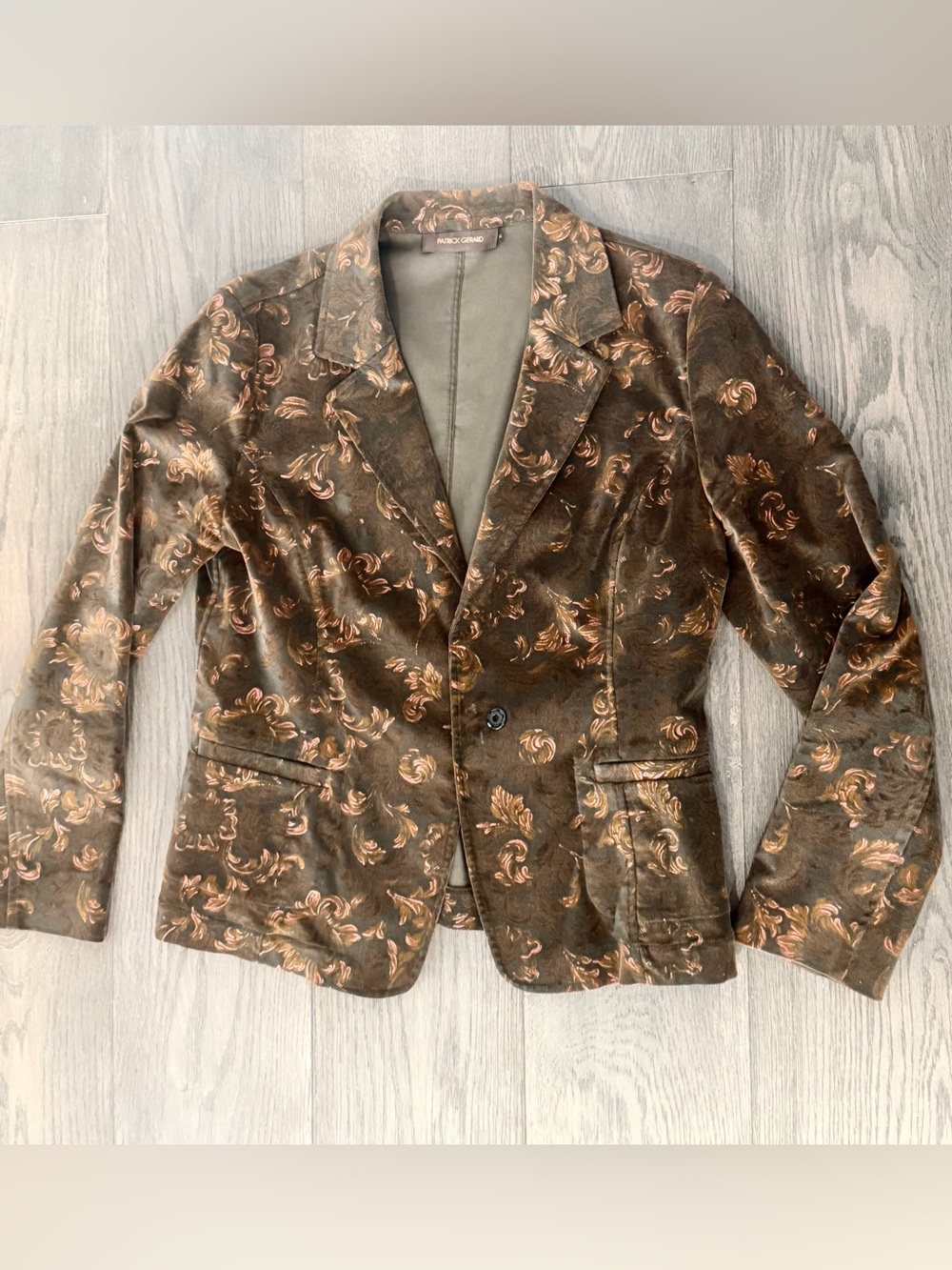 PATRICK GERARD Women’s khaki 
 Floral Velvet Blazer sz 10, mint